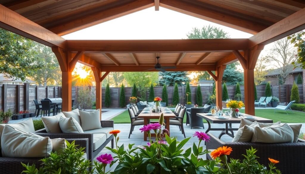 A cozy, inviting roof-covered patio in a backyard setting, showcasing elegant wooden support beams and a stylish stone floor. The foreground features comfortable, modern outdoor furniture with plush cushions, inviting for relaxation or gathering with friends. In the middle ground, lush green plants and flowers add vibrant pops of color, while a tasteful dining table is set for a meal, emphasizing seasonal use. In the background, a well-maintained garden with trees and shrubs enhances the serene atmosphere. The scene is illuminated by bright, soft natural light with a touch of golden sunset, capturing a warm and welcoming mood. The angle is slightly elevated, providing a panoramic view that emphasizes the harmony between the patio and its surrounding nature, ideal for climate and weather protection. A cozy, inviting roof-covered patio in a backyard setting, showcasing elegant wooden support beams and a stylish stone floor. The foreground features comfortable, modern outdoor furniture with plush cushions, inviting for relaxation or gathering with friends. In the middle ground, lush green plants and flowers add vibrant pops of color, while a tasteful dining table is set for a meal, emphasizing seasonal use. In the background, a well-maintained garden with trees and shrubs enhances the serene atmosphere. The scene is illuminated by bright, soft natural light with a touch of golden sunset, capturing a warm and welcoming mood. The angle is slightly elevated, providing a panoramic view that emphasizes the harmony between the patio and its surrounding nature, ideal for climate and weather protection.