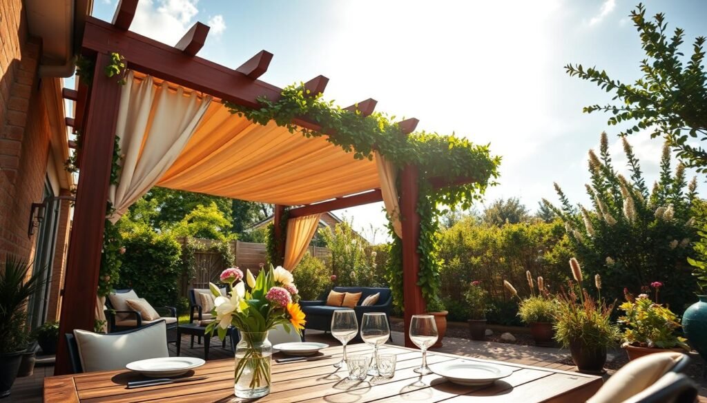 A cozy patio scene featuring a beautifully designed pergola extension that adds shade over a stylish outdoor seating area. In the foreground, a wooden table adorned with fresh flowers and elegant dinnerware invites relaxation. The middle layer showcases the pergola, constructed of rich brown wood, covered in lush green vines and soft fabric drapes that sway gently in the breeze. The background reveals a sun-drenched garden corner filled with blooming flowers and tall bushes, under a clear blue sky with soft white clouds. Golden afternoon sunlight filters through the pergola, creating a warm and inviting atmosphere, ideal for outdoor gatherings. The angle captures the depth of the space, highlighting the harmonious blend of nature and design.