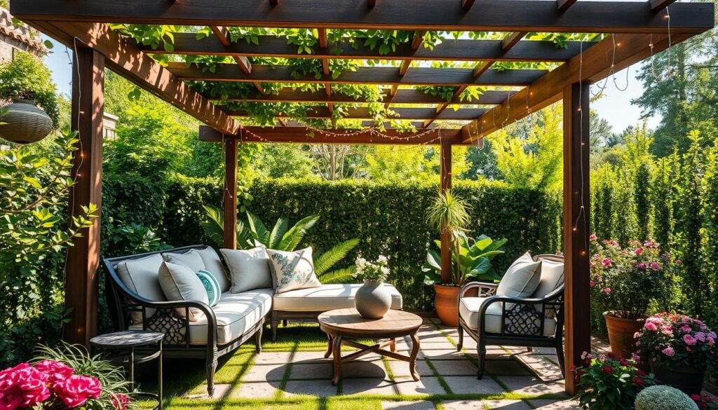 A cozy pergola corner in a lush garden setting, featuring elegant outdoor furniture including a comfortable sofa with plush cushions, a small coffee table adorned with a stylish vase, and decorative throw pillows. The pergola beams are beautifully crafted, casting dappled shadows on the ground. Surround the scene with vibrant greenery, flowering plants, and twinkling fairy lights woven into the structure for a magical touch. The sunlight filters softly through the leaves, creating a warm and inviting atmosphere. The image is captured with a wide-angle lens from a slightly elevated perspective, enhancing the depth and inviting feel of the space. The overall mood is tranquil and airy, perfect for a relaxing outdoor retreat.