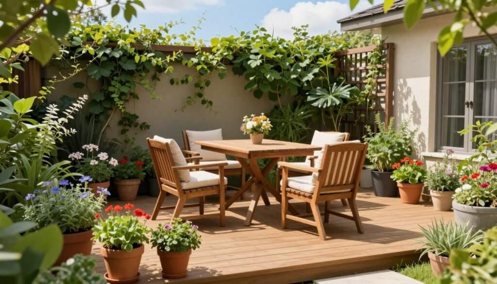A cozy small garden patio designed for relaxation, featuring a wooden dining set with soft cushions and a bistro table adorned with a small floral centerpiece. In the foreground, a carefully arranged collection of potted plants, including vibrant flowers and fragrant herbs. The middle ground showcases the patio with light brown wooden decking, surrounded by lush greenery and climbing vines on a trellis. In the background, a soft blue sky with a few fluffy white clouds enhances the serene atmosphere. The scene is illuminated by bright, natural sunlight, casting gentle shadows that create depth. The overall mood is tranquil and inviting, perfect for a peaceful outdoor retreat, captured from a slightly elevated angle to display the charming details effectively.