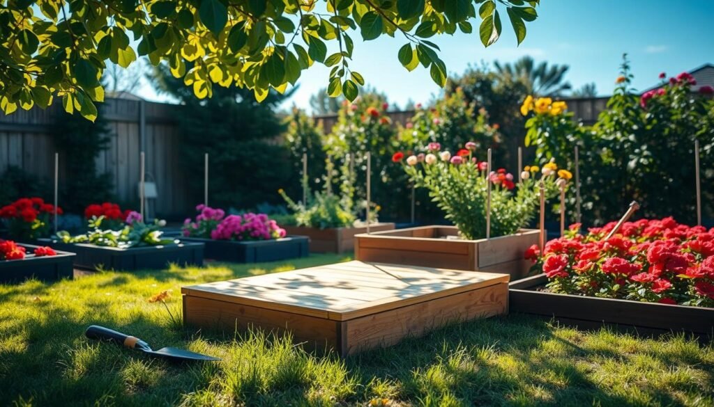 A cozy small garden step platform is situated in a lush backyard, surrounded by vibrant flower beds and neatly arranged vegetable plots. The platform is made of warm-toned wood, featuring a sturdy design with two steps, offering easy access to raised garden beds. Sunlight filters through leafy branches, casting soft shadows and creating a tranquil atmosphere. In the foreground, a few gardening tools like a trowel and gloves rest on the grass. The middle ground highlights the platform, inviting and user-friendly, while the background showcases a colorful array of blooming flowers under clear blue skies. The mood is serene and inviting, perfect for a relaxed gardening experience, captured from a slightly elevated angle to emphasize depth.