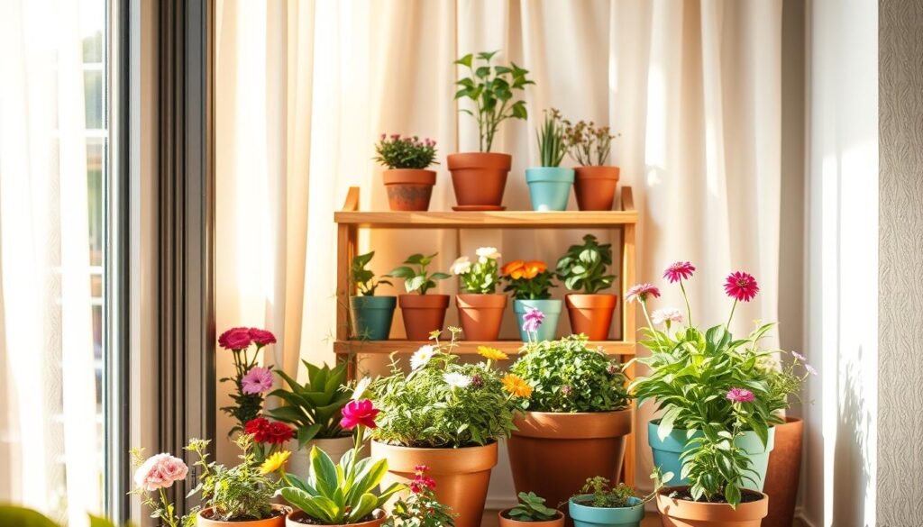 A cozy, well-lit corner of a home displaying a simple garden pot arrangement. In the foreground, a variety of colorful pots are filled with vibrant flowers and greenery, showcasing their textures and colors. The middle layer features a sturdy wooden shelf, artfully arranged to emphasize balance, with pots of differing sizes carefully spaced apart. The background includes a softly blurred view of a sunlit window with gentle curtains, allowing warm, natural light to bathe the scene. Capture this from a slightly elevated angle to highlight the display, evoking an inviting and peaceful atmosphere that draws the viewer into the charm of home gardening. The overall mood should feel fresh, airy, and inspiring, perfect for showcasing the beauty of plants in a simple setting.
