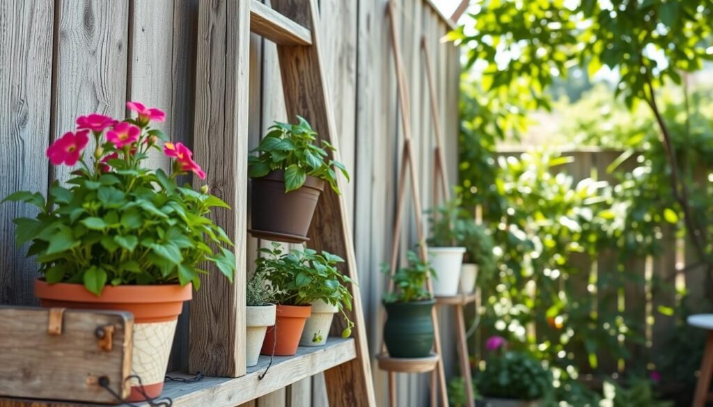 A creative and rustic ladder plant stand made from repurposed materials, featuring a wooden ladder with visible wear and texture, elegantly hosting various potted plants of different sizes and colors. In the foreground, consider a close-up of potted herbs and flowers, with vibrant blooms peeking through the ladder rungs. The middle ground showcases the ladder standing against a weathered wooden fence, draped with garden twine and string lights, adding charm. In the background, a lush garden with green foliage and soft sunlight filtering through leaves creates a serene atmosphere. Use bright, natural light to highlight the textures of the plants and wood, capturing an airy, inviting feel suitable for an outdoor decor theme.