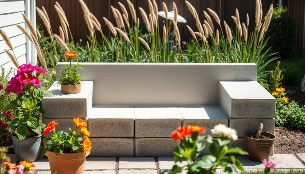 A creative cinder block garden bench designed for a serene backyard setting. The bench is constructed from textured gray cinder blocks arranged in an artistic, modern pattern, with a smooth stucco finish on the seating surface. In the foreground, vibrant green potted plants and colorful blooming flowers frame the bench, adding life to the scene. The middle of the image showcases the bench itself, catching soft sunlight that creates gentle shadows, enhancing the textures of the cinder blocks and stucco. In the background, a lush garden filled with tall grasses and low-maintenance shrubs adds depth and tranquility. The overall mood is inviting and peaceful, perfect for backyard relaxation. The scene is illuminated with bright natural light, capturing the essence of a beautiful outdoor space. A creative cinder block garden bench designed for a serene backyard setting. The bench is constructed from textured gray cinder blocks arranged in an artistic, modern pattern, with a smooth stucco finish on the seating surface. In the foreground, vibrant green potted plants and colorful blooming flowers frame the bench, adding life to the scene. The middle of the image showcases the bench itself, catching soft sunlight that creates gentle shadows, enhancing the textures of the cinder blocks and stucco. In the background, a lush garden filled with tall grasses and low-maintenance shrubs adds depth and tranquility. The overall mood is inviting and peaceful, perfect for backyard relaxation. The scene is illuminated with bright natural light, capturing the essence of a beautiful outdoor space.
