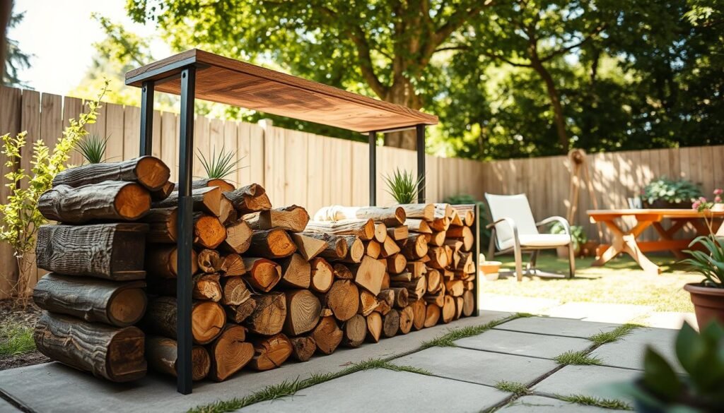 A creative firewood storage solution for a small outdoor space, featuring an innovative DIY firewood rack made from reclaimed wood and metal accents. In the foreground, the neatly stacked logs form an artistic display, showcasing varied wood types and textures. The middle ground includes the unique firewood rack design, with an open structure allowing for air circulation, adorned with decorative plants for a rustic touch. The background displays a cozy backyard scene with lush greenery and a small patio area. Bright, natural sunlight filters through the trees, casting soft shadows and creating a warm atmosphere. The composition is shot from an eye-level angle, emphasizing both functionality and aesthetic appeal while inviting viewers to envision their own outdoor space.