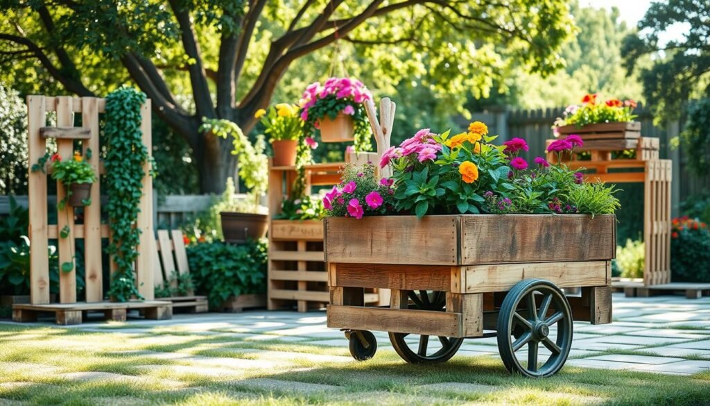 A delightful outdoor scene featuring various pallet planters creatively designed for a DIY rolling plant cart. In the foreground, focus on a rustic wooden cart adorned with vibrant flowers and leafy herbs, showcasing diverse pallet planter styles—some vertical, others stacked. The middle ground highlights additional planter variants, including hanging pallets with cascading vines and flower boxes filled with colorful blooms. In the background, a lush garden with sunlight filtering through trees provides a soft and inviting atmosphere, emphasizing natural beauty. The lighting is bright and airy, with soft sunlight creating gentle shadows, enhancing the textures of the wood and plants. The overall mood is cheerful and inspiring, perfect for garden enthusiasts looking for creative ideas. A delightful outdoor scene featuring various pallet planters creatively designed for a DIY rolling plant cart. In the foreground, focus on a rustic wooden cart adorned with vibrant flowers and leafy herbs, showcasing diverse pallet planter styles—some vertical, others stacked. The middle ground highlights additional planter variants, including hanging pallets with cascading vines and flower boxes filled with colorful blooms. In the background, a lush garden with sunlight filtering through trees provides a soft and inviting atmosphere, emphasizing natural beauty. The lighting is bright and airy, with soft sunlight creating gentle shadows, enhancing the textures of the wood and plants. The overall mood is cheerful and inspiring, perfect for garden enthusiasts looking for creative ideas.