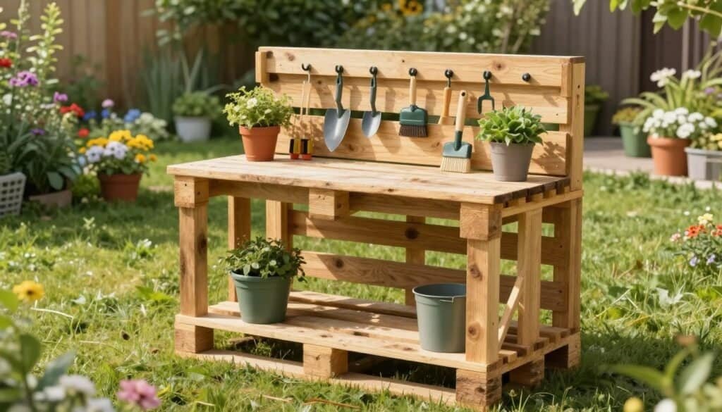 A detailed DIY garden tool cleaning station crafted from repurposed wooden pallets, showcased in a serene backyard setting. In the foreground, a sturdy pallet base supports a well-organized workspace, featuring hooks for hanging garden tools, a wooden pegboard for accessories, and a rustic workbench top. The middle ground includes various gardening tools like trowels and brushes neatly arranged, along with potted plants adding a touch of greenery. In the background, a sunlit garden with blooming flowers and lush grass creates an inviting atmosphere. Use bright, natural light to highlight the textures of the wood, and capture the scene from a slightly elevated angle to emphasize the functionality of the cleaning station. The mood is warm and inviting, perfect for DIY enthusiasts.