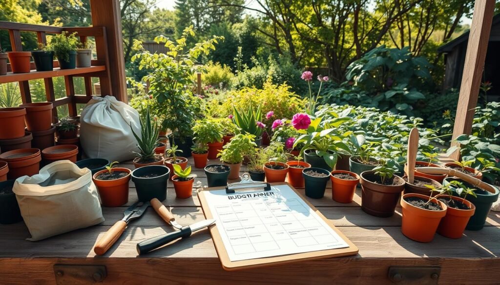 A detailed DIY gardening bench scene, featuring a well-organized outdoor workstation for potting plants. In the foreground, showcase a rustic wooden potting bench filled with pots, soil bags, and various hand tools like trowels and gloves. Add a budgeting planner, marked with cost-saving strategies on a clipboard resting on the bench. In the middle ground, depict an abundance of vibrant plants in various stages of growth, creating a lively atmosphere. The background should feature a lush garden with sunlight streaming through trees, casting soft shadows. The scene is bright and airy, with natural light illuminating the workspace, evoking a sense of productivity and creativity. Use a wide-angle perspective to capture the full essence of this functional project hub. A detailed DIY gardening bench scene, featuring a well-organized outdoor workstation for potting plants. In the foreground, showcase a rustic wooden potting bench filled with pots, soil bags, and various hand tools like trowels and gloves. Add a budgeting planner, marked with cost-saving strategies on a clipboard resting on the bench. In the middle ground, depict an abundance of vibrant plants in various stages of growth, creating a lively atmosphere. The background should feature a lush garden with sunlight streaming through trees, casting soft shadows. The scene is bright and airy, with natural light illuminating the workspace, evoking a sense of productivity and creativity. Use a wide-angle perspective to capture the full essence of this functional project hub.