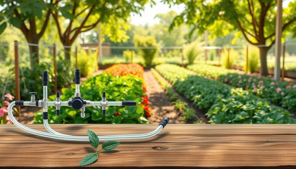 A detailed and realistic illustration of a garden drip irrigation system design, showcasing a network of drip lines and manifolds in a home garden setting. In the foreground, a well-organized drip irrigation manifold with clear tubing, fittings, and emitters is positioned on a rustic wooden table. Surrounding the table, vibrant green plants and flower beds display healthy growth, emphasizing the system's efficiency. The middle ground features rows of vegetables and herbs being watered evenly by the irrigation system, with alternating textures of soil and foliage. In the background, soft sunlight filters through leafy trees, creating a serene and airy atmosphere. The scene is bright and inviting, highlighting the practicality and beauty of a drip irrigation system in a DIY garden.