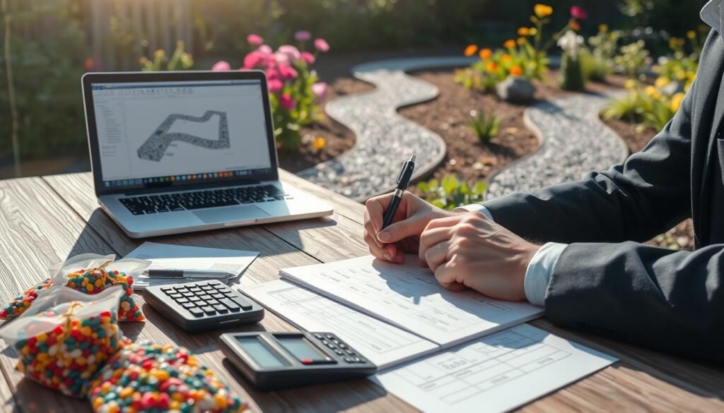A detailed and realistic scene depicting a budgeting session for a gravel garden path installation. In the foreground, a wooden table covered with a variety of materials: colorful gravel samples in small bags, a calculator, and an open notebook with sketches and cost estimates. A pair of hands, dressed in professional business attire, is thoughtfully writing notes. The middle ground features a laptop displaying a design software with a gravel path layout. In the background, a well-lit garden with a partially installed gravel path winding through blooming flowers and green plants, illuminated by bright natural light. The atmosphere is focused and organized, conveying a sense of planning and decision-making in a serene outdoor setting. Soft sunlight enhances the scene, creating an inviting ambiance. A detailed and realistic scene depicting a budgeting session for a gravel garden path installation. In the foreground, a wooden table covered with a variety of materials: colorful gravel samples in small bags, a calculator, and an open notebook with sketches and cost estimates. A pair of hands, dressed in professional business attire, is thoughtfully writing notes. The middle ground features a laptop displaying a design software with a gravel path layout. In the background, a well-lit garden with a partially installed gravel path winding through blooming flowers and green plants, illuminated by bright natural light. The atmosphere is focused and organized, conveying a sense of planning and decision-making in a serene outdoor setting. Soft sunlight enhances the scene, creating an inviting ambiance.