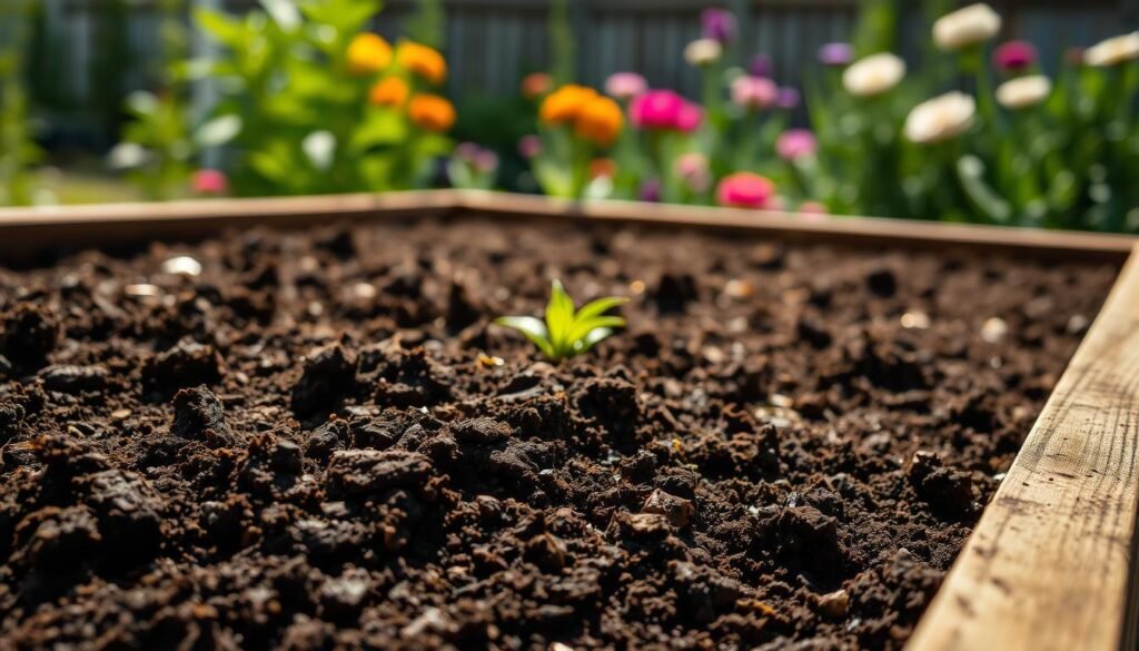 A detailed close-up of a raised garden bed filled with rich, dark soil mix, showing distinct layers of organic materials like compost, peat moss, and vermiculite. In the foreground, visualize the textured surface of the soil, glistening slightly in bright natural light. The middle ground captures the edges of the raised bed, constructed from weathered wood, with a hint of green plants peeking through the topsoil. The background features a blurred garden scene with vibrant flowers and lush greenery under soft sunlight, creating an airy and peaceful atmosphere. The focus should be sharp on the soil mix, with a slight bokeh effect on the surrounding elements, to emphasize the depth and richness of the soil components.