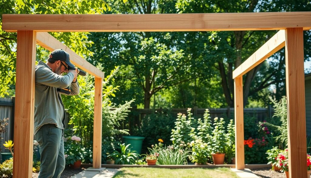 A detailed depiction of a DIY backyard shade frame under construction, showcasing the main frame structure being built step by step. In the foreground, a person in modest casual clothing carefully assembles wooden beams using a power drill. In the middle, the partially completed frame stands tall, with horizontal and vertical beams aligning to create a sturdy structure. The background features a lush garden filled with vibrant greenery and colorful flowers, illuminated by bright natural light and soft sunlight filtering through the leaves. The atmosphere is inviting and productive, highlighting the essence of home improvement and outdoor living. The camera angle is slightly elevated, capturing the entire scene with clarity and focus.
