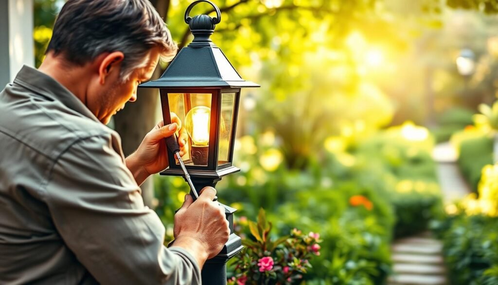 A detailed depiction of a person performing maintenance on a traditional outdoor lantern post in a lush garden setting. In the foreground, a middle-aged individual in modest casual clothing carefully inspects the lantern, using tools like a screwdriver and cleaning materials. The middle section features an elegant lantern post, with warm, inviting light emanating from the bulb, surrounded by well-maintained plants and small vibrant flowers. The background showcases a soft-focus garden path lined with greenery, bathed in bright natural light and soft sunlight, creating an airy and well-lit atmosphere. The scene conveys a sense of tranquility and dedication to outdoor home improvement, encapsulating the essence of garden lighting maintenance. A detailed depiction of a person performing maintenance on a traditional outdoor lantern post in a lush garden setting. In the foreground, a middle-aged individual in modest casual clothing carefully inspects the lantern, using tools like a screwdriver and cleaning materials. The middle section features an elegant lantern post, with warm, inviting light emanating from the bulb, surrounded by well-maintained plants and small vibrant flowers. The background showcases a soft-focus garden path lined with greenery, bathed in bright natural light and soft sunlight, creating an airy and well-lit atmosphere. The scene conveys a sense of tranquility and dedication to outdoor home improvement, encapsulating the essence of garden lighting maintenance.