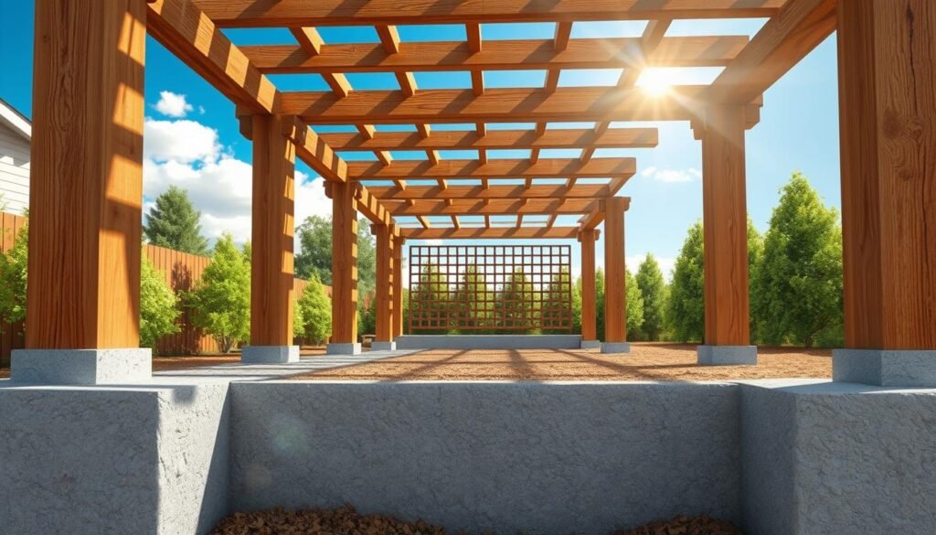 A detailed illustration of a backyard pergola foundation and structural system, showcasing the concrete footings, wooden beams, and latticework in a realistic setting. In the foreground, focus on the sturdy concrete footings, equipped with rebar for reinforcement. In the middle ground, display the framework of the pergola, with richly textured wooden beams forming an elegant and functional structure. The background features lush greenery and a clear blue sky, illuminated by bright natural sunlight, creating an airy and inviting atmosphere. Use a slightly elevated angle to capture the design intricacies while maintaining depth in the composition. The overall mood should be serene and inspiring, emphasizing the craftsmanship behind a well-planned pergola structure. A detailed illustration of a backyard pergola foundation and structural system, showcasing the concrete footings, wooden beams, and latticework in a realistic setting. In the foreground, focus on the sturdy concrete footings, equipped with rebar for reinforcement. In the middle ground, display the framework of the pergola, with richly textured wooden beams forming an elegant and functional structure. The background features lush greenery and a clear blue sky, illuminated by bright natural sunlight, creating an airy and inviting atmosphere. Use a slightly elevated angle to capture the design intricacies while maintaining depth in the composition. The overall mood should be serene and inspiring, emphasizing the craftsmanship behind a well-planned pergola structure.