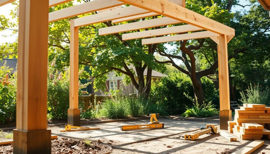 A detailed image of a DIY backyard shade frame construction, prominently featuring a partially built wooden frame in the foreground, including support posts firmly embedded in the ground and foundations being leveled. The middle ground should show tools like a level and saw, with freshly cut timber arranged neatly beside the structure. In the background, a lush garden blooms under bright, natural sunlight, with leafy trees providing dappled shade. The scene captures a vibrant, inviting atmosphere, emphasizing the joy of outdoor DIY projects. The lighting is warm and soft, suggesting a pleasant afternoon. The perspective is slightly angled, highlighting the depth and scale of the shade frame, and the focus is sharp to bring out the textures of the wood and the surrounding greenery, evoking a sense of tranquility and accomplishment.