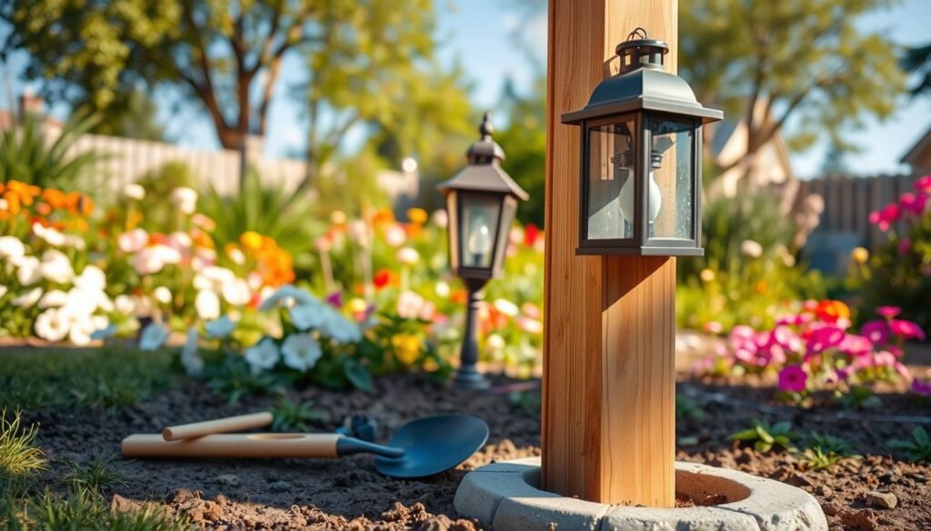 A detailed outdoor scene depicting the installation of a stylish garden lantern post. In the foreground, a meticulously constructed wooden post is being secured into the ground with concrete, while tools like a level and shovel are neatly positioned nearby. In the middle ground, a partially installed lantern with a classic design captures soft sunlight, casting gentle shadows. The background features a lush garden filled with blooming flowers and greenery, symbolizing a serene outdoor space. The setting exudes a vibrant, inviting atmosphere, complemented by clear blue skies and warm, natural light. The angle of the shot is slightly elevated, showcasing the process while emphasizing the beauty of the garden space. A detailed outdoor scene depicting the installation of a stylish garden lantern post. In the foreground, a meticulously constructed wooden post is being secured into the ground with concrete, while tools like a level and shovel are neatly positioned nearby. In the middle ground, a partially installed lantern with a classic design captures soft sunlight, casting gentle shadows. The background features a lush garden filled with blooming flowers and greenery, symbolizing a serene outdoor space. The setting exudes a vibrant, inviting atmosphere, complemented by clear blue skies and warm, natural light. The angle of the shot is slightly elevated, showcasing the process while emphasizing the beauty of the garden space.