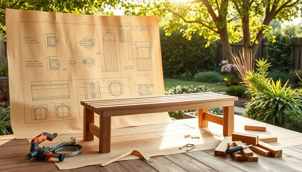 A detailed outdoor wood bench plan displayed against a soft-lit backdrop, showcasing technical drawings on aged parchment paper with wooden texture. In the foreground, a beautifully crafted wooden bench, elegantly designed and partially assembled, is positioned to highlight its lines and structure. The middle layer features tools like a saw, measuring tape, and wood pieces neatly arranged around the bench, emphasizing the craftsmanship involved. In the background, a serene garden setting with lush greenery and gentle sunlight filtering through tree branches creates an inviting atmosphere. The image is bright and airy, with soft natural light illuminating the workspace, conveying a sense of creativity and inspiration in woodworking. A detailed outdoor wood bench plan displayed against a soft-lit backdrop, showcasing technical drawings on aged parchment paper with wooden texture. In the foreground, a beautifully crafted wooden bench, elegantly designed and partially assembled, is positioned to highlight its lines and structure. The middle layer features tools like a saw, measuring tape, and wood pieces neatly arranged around the bench, emphasizing the craftsmanship involved. In the background, a serene garden setting with lush greenery and gentle sunlight filtering through tree branches creates an inviting atmosphere. The image is bright and airy, with soft natural light illuminating the workspace, conveying a sense of creativity and inspiration in woodworking.