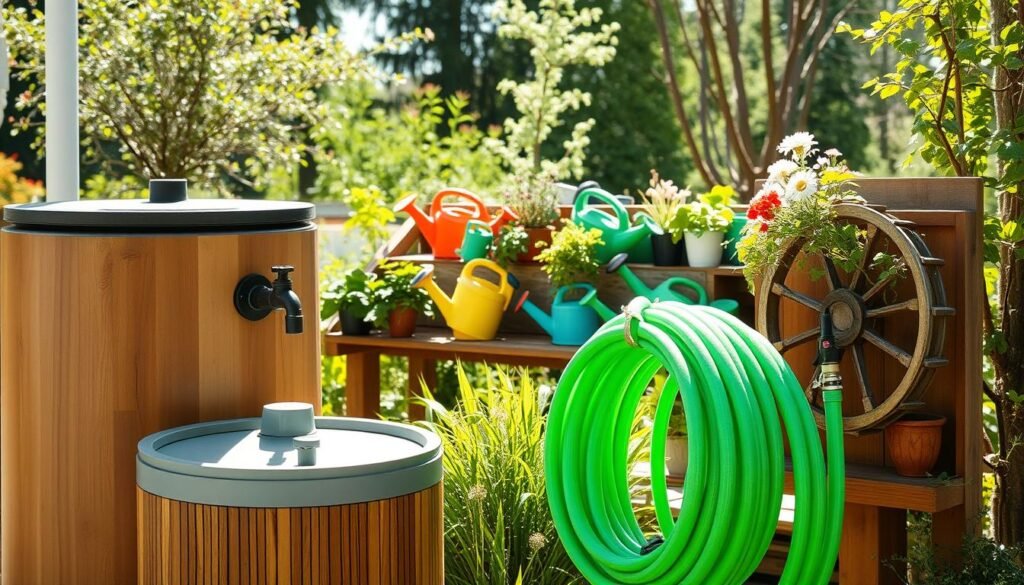 A detailed rainwater harvesting system integrated within a charming DIY garden watering station. In the foreground, a sleek rain barrel made of natural wood, with a spigot and connected to a downspout, captures rainwater. Adjacent to it, a decorative hose reel neatly stores a bright green garden hose. In the middle ground, a collection of watering cans in vibrant colors sits on a rustic wooden shelf, surrounded by potted herbs and flowers basking in soft sunlight. The background features a lush garden, with an array of plants and trees, illuminated by bright natural light casting soft shadows. The atmosphere conveys a sense of tranquility and eco-friendliness, inviting viewers to embrace sustainable gardening practices. Shot from a slight angle, capturing depth and warmth.