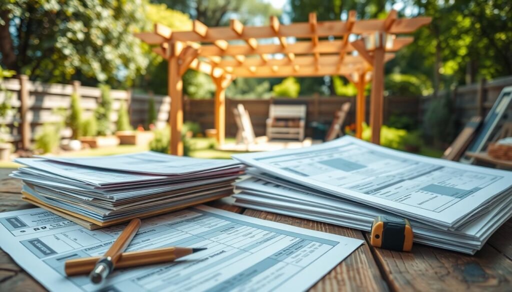 A detailed scene showcasing permits for pergola construction laid out on a rustic wooden table in a backyard setting. In the foreground, several colorful permit documents are stacked, with a pencil and a tape measure beside them, conveying a sense of planning. In the middle ground, a partially constructed wooden pergola is visible under bright, natural light, surrounded by greenery, showing construction materials like lumber and tools. The background features a well-maintained garden with soft sunlight filtering through trees, creating an airy and inviting atmosphere. The scene is framed at a slight angle to capture both the permits and the pergola, enhancing the depth. The overall mood is professional yet relaxed, reflecting the thoughtful preparation required for backyard projects. A detailed scene showcasing permits for pergola construction laid out on a rustic wooden table in a backyard setting. In the foreground, several colorful permit documents are stacked, with a pencil and a tape measure beside them, conveying a sense of planning. In the middle ground, a partially constructed wooden pergola is visible under bright, natural light, surrounded by greenery, showing construction materials like lumber and tools. The background features a well-maintained garden with soft sunlight filtering through trees, creating an airy and inviting atmosphere. The scene is framed at a slight angle to capture both the permits and the pergola, enhancing the depth. The overall mood is professional yet relaxed, reflecting the thoughtful preparation required for backyard projects.