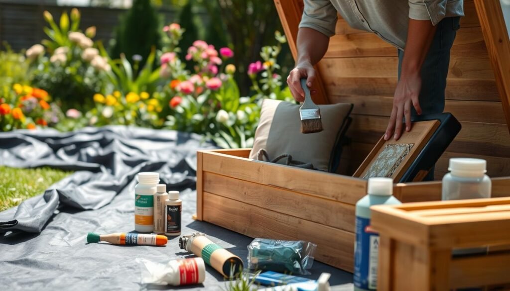 A detailed scene showcasing various waterproofing techniques for a DIY backyard storage box, set in a sunny garden. In the foreground, focus on a beautiful wooden storage box partially open, revealing neatly organized garden tools and cushions inside. A person in casual, modest clothing is applying a waterproof sealant to the box with a brush. The middle ground features various waterproofing materials laid out, such as tarp, waterproof paint, and sealant bottles. In the background, a vibrant garden with blooming flowers and greenery bathes in soft sunlight creates an inviting atmosphere. Use bright, natural lighting to enhance the textures of the wood and materials, capturing a serene, productive mood. The composition is shot at eye level to provide an engaging perspective.