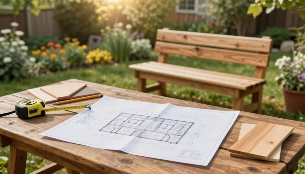 A detailed set of outdoor wood bench plans displayed on a rustic wooden table in a serene backyard setting. The foreground features a well-drafted blueprint with measurements and sketches visible, surrounded by tools like a tape measure, pencil, and wood samples. In the middle ground, add a partially assembled wooden bench showcasing a blend of natural wood finishes, emphasizing craftsmanship. The background includes a lush garden with blooming flowers and greenery under soft, warm sunlight filtering through the trees, creating a bright and inviting atmosphere. Capture the scene from a slightly elevated angle to give depth, highlighting both the plans and the bench. The overall mood is tranquil and inspiring, perfect for DIY enthusiasts embracing nature.