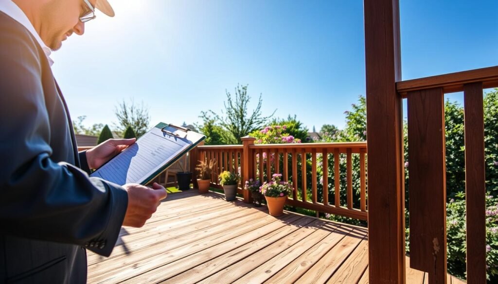 A detailed view of a backyard deck during a bright, sunny day, showcasing various aspects of deck condition assessment. In the foreground, a professional, well-dressed individual carefully inspecting the deck boards, using a clipboard and a magnifying glass to identify signs of wear and damage. In the middle ground, a wooden deck with visible areas of rot, discoloration, and loose railing, surrounded by potted plants and garden furniture. The background features a lush backyard with green grass and blooming flowers, under a clear blue sky. Soft sunlight casts gentle shadows, creating a warm and inviting atmosphere. The overall mood is focused and constructive, emphasizing the importance of structural integrity in home renovation projects.