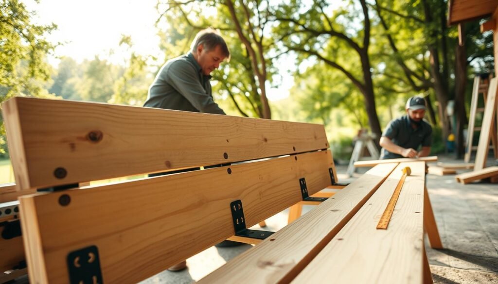 A detailed wooden bench under construction in a well-lit outdoor workshop. In the foreground, a partially assembled bench with sanded wooden planks and metal brackets is visible, showcasing tools like a saw, measuring tape, and wood glue. The middle ground features a skilled woodworker, dressed in modest, casual clothing, focused on fitting the pieces together, demonstrating careful craftsmanship. The background reveals a bright natural landscape, filled with trees and greenery, enhancing the outdoor ambiance. Soft sunlight filters through the leaves, creating a warm and inviting atmosphere. The composition is shot from a low angle, emphasizing the bench's structure and the artisan's skill, capturing the essence of woodworking and project complexity. A detailed wooden bench under construction in a well-lit outdoor workshop. In the foreground, a partially assembled bench with sanded wooden planks and metal brackets is visible, showcasing tools like a saw, measuring tape, and wood glue. The middle ground features a skilled woodworker, dressed in modest, casual clothing, focused on fitting the pieces together, demonstrating careful craftsmanship. The background reveals a bright natural landscape, filled with trees and greenery, enhancing the outdoor ambiance. Soft sunlight filters through the leaves, creating a warm and inviting atmosphere. The composition is shot from a low angle, emphasizing the bench's structure and the artisan's skill, capturing the essence of woodworking and project complexity.