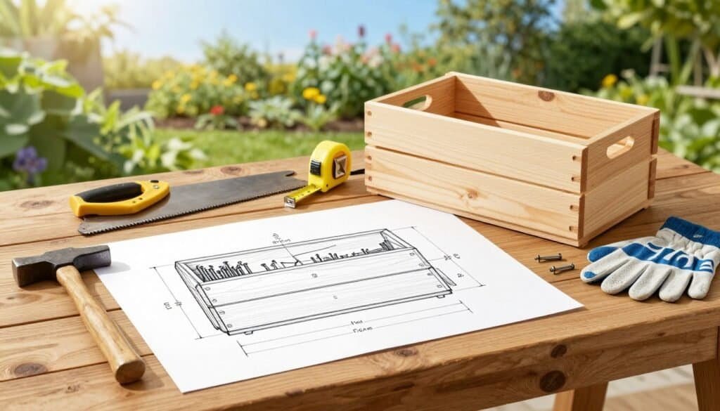 A detailed wooden compost bin build plan laid out on a rustic wooden table. In the foreground, a sketch of the compost bin with labeled dimensions and materials, including wooden planks, screws, and a hammer. In the middle ground, a selection of essential tools like a saw, tape measure, and garden gloves, arranged neatly beside the plans. The background showcases a vibrant garden scene with green plants and a clear blue sky bathed in soft sunlight, creating a bright and inviting atmosphere. The composition emphasizes a well-lit, airy feel, perfect for inspiring DIY enthusiasts. The perspective is from a slight angle to give depth, showcasing both the plans and tools in an effective manner.