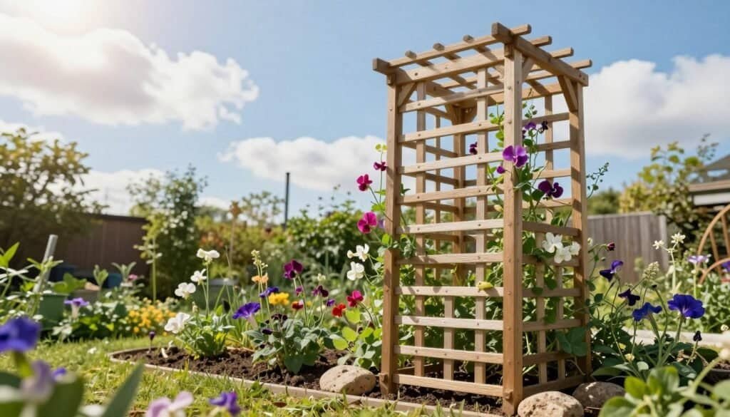 A detailed wooden lattice trellis, elegantly constructed with interwoven slats, stands prominently in the foreground. The trellis is adorned with climbing plants like sweet peas and morning glories, their vibrant blooms reaching toward the sunlight. In the middle ground, a lush garden brimming with greenery surrounds the trellis, featuring rich soil and decorative stones. The background reveals a bright blue sky dotted with fluffy white clouds, and soft sunlight filters through, creating a warm and inviting atmosphere. The scene is captured from a slightly low angle, emphasizing the trellis's height and the flourishing plants, all rendered in realistic detail to evoke a sense of creativity and the rewarding spirit of DIY gardening.