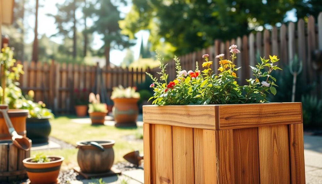 A detailed wooden outdoor planter box sits prominently in the foreground, crafted from rich cedar wood, showcasing its natural grain and a weather-resistant finish. The planter is filled with lush green plants, including vibrant flowers and herbs, adding life and color. In the middle ground, a well-maintained backyard garden surrounds the planter, featuring a variety of other planters and rustic garden tools. The background reveals a softly blurred scene of a wooden fence and tall trees basking in bright, natural sunlight, enhancing the serene atmosphere. The image captures the warm, inviting feel of a sunny day, with soft sunlight creating gentle shadows. The angle is slightly elevated, emphasizing the texture and craftsmanship of the planter while inviting viewers into this tranquil outdoor space.