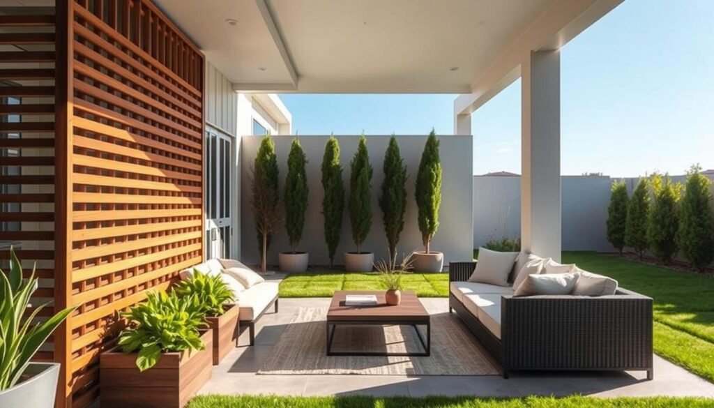 A modern backyard patio featuring stylish privacy screen ideas. In the foreground, showcase a sleek wooden slatted screen with integrated planters filled with vibrant greenery. In the middle ground, include a cozy seating area with contemporary outdoor furniture, like a chic sectional sofa adorned with soft, neutral cushions and a stylish coffee table. In the background, depict a calm garden space with lush grass, tall decorative bushes, and a clear blue sky. The scene is illuminated by bright, soft sunlight, creating an inviting and airy atmosphere. Capture the image at a wide angle to emphasize the spaciousness of the patio while ensuring a realistic and serene home décor aesthetic. No people are present in the image.