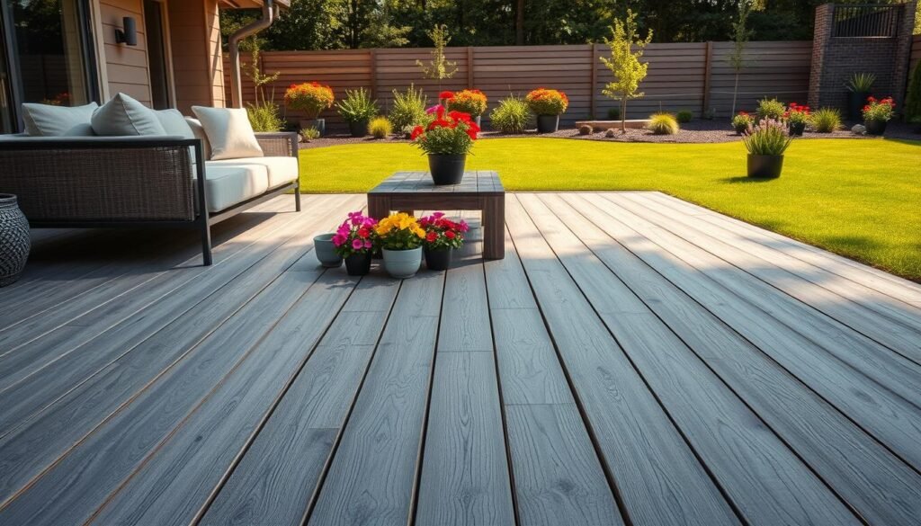 A modern composite deck situated in a beautifully landscaped backyard, featuring sleek, rectangular planks in rich shades of gray and espresso. The foreground highlights the textured surface of the deck, adorned with elegant, minimalist furniture—a stylish outdoor sofa with plush, neutral cushions and a chic coffee table. In the middle ground, a vibrant array of potted plants with colorful flowers adds a lively touch, creating contrast against the deck. The background showcases a gentle, sunlit garden with lush green grass and a few decorative trees, all bathed in soft, natural sunlight. Capture the scene from a low angle to emphasize the depth and contemporary design while reflecting an inviting, serene atmosphere perfect for outdoor gatherings.