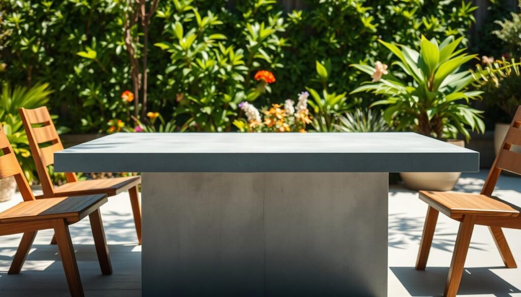 A modern concrete table, showcasing clean lines and a minimalist design, is placed in a lush backyard seating area. The table features smooth, gray surfaces with a sleek rectangular shape, surrounded by elegant wooden chairs that complement its contemporary style. In the background, vibrant green plants and flowers add a touch of color and life to the setting. Bright natural light filters through the leaves, casting soft shadows on the ground. The scene is captured from a slightly elevated angle, emphasizing the table’s sturdy construction and inviting atmosphere. The overall mood is relaxed and inviting, perfect for outdoor gatherings and DIY garden projects. A modern concrete table, showcasing clean lines and a minimalist design, is placed in a lush backyard seating area. The table features smooth, gray surfaces with a sleek rectangular shape, surrounded by elegant wooden chairs that complement its contemporary style. In the background, vibrant green plants and flowers add a touch of color and life to the setting. Bright natural light filters through the leaves, casting soft shadows on the ground. The scene is captured from a slightly elevated angle, emphasizing the table’s sturdy construction and inviting atmosphere. The overall mood is relaxed and inviting, perfect for outdoor gatherings and DIY garden projects.