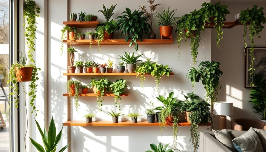 A modern living space featuring various wall-mounted planters that showcase a diverse range of vibrant green plants. In the foreground, detailed wooden shelves with carefully arranged planters of different sizes, displaying succulents, ferns, and trailing vines. The middle ground highlights the seamless integration of greenery along a light-colored wall, with an organized aesthetic that emphasizes weight balance and optimal shelf spacing. Soft sunlight filters through a nearby window, casting gentle shadows and creating an inviting atmosphere. The background includes hints of contemporary furniture that complement the overall décor. The image captures a serene and inspiring vibe, perfect for appreciating vertical greenery in modern home design.