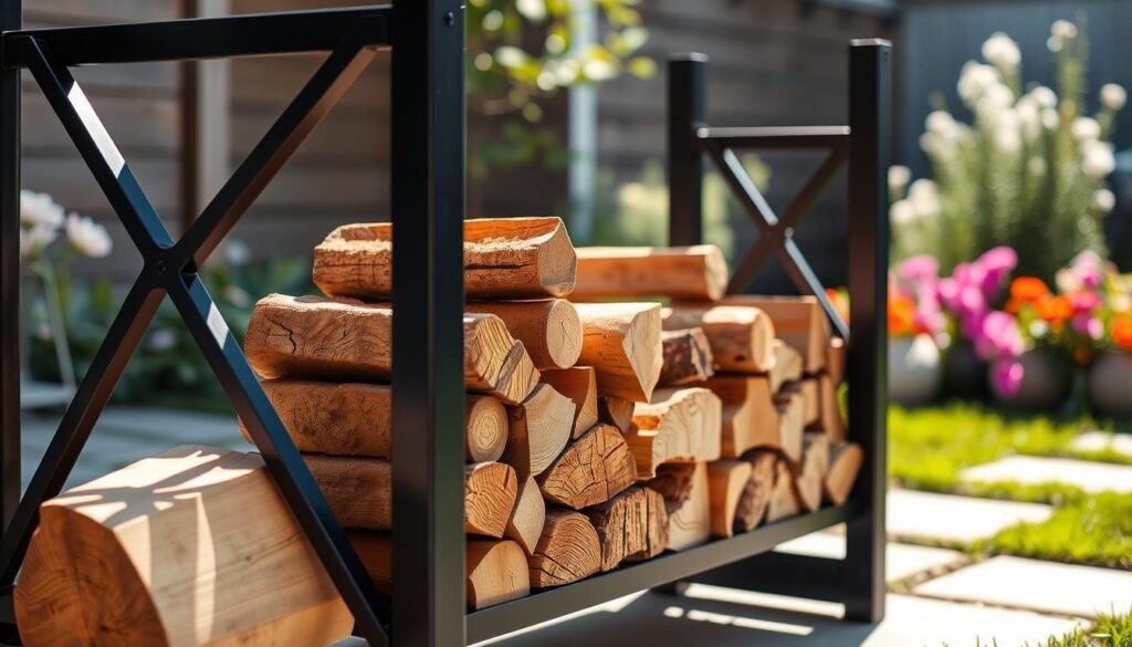 A modern outdoor firewood rack combines sleek metal and natural wood elements, showcasing a stylish and functional design. In the foreground, a robust, welded metal frame with geometric lines supports neatly stacked firewood, demonstrating optimal storage solutions. The middle ground features warm wooden planks, reflecting natural textures, seamlessly integrated into the structure. Soft sunlight bathes the scene, casting gentle shadows that enhance the depth and dimension of the materials. The background includes a blurred, serene backyard setting with green grass and blooming flowers, creating an inviting atmosphere. Overall, the image evokes a sense of contemporary elegance and practicality for outdoor living spaces.