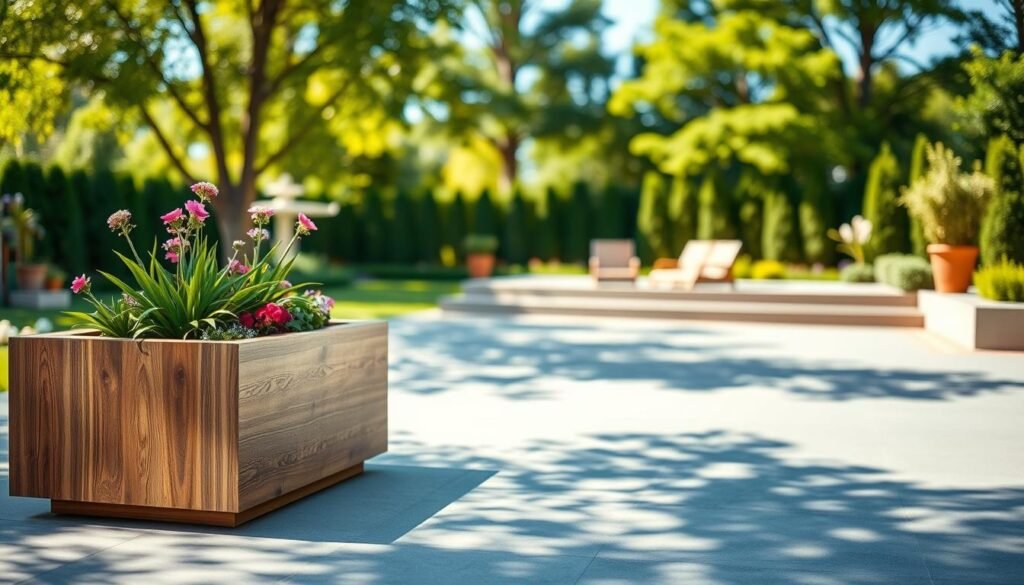 A modern outdoor planter box designed with minimalistic aesthetics, showcasing smooth, clean lines and a sleek wood finish. The foreground features the planter box filled with vibrant green plants and colorful flowers, emphasizing its contemporary style. In the middle ground, a spacious patio with light gray stone tiles creates a harmonious setting, while the background showcases a soft blurred view of a garden with lush greenery and tall trees under a clear blue sky. The image is bathed in bright natural light, capturing soft sunlight filtering through the leaves, creating a warm, inviting atmosphere. The angle is slightly elevated, providing a clear view of the planter box while maintaining a balanced composition.