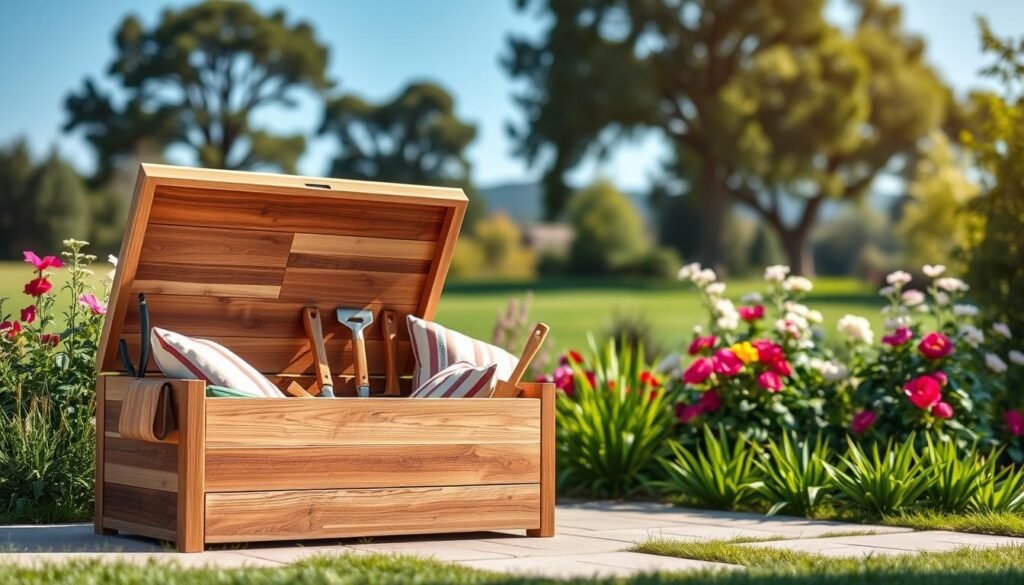 A modern outdoor utility box designed for functionality and aesthetic appeal, showcasing a sleek, weather-resistant wood material with a polished finish. In the foreground, the box is partially open, revealing neatly organized garden tools and cushions inside. The middle ground highlights the utility box, surrounded by lush green grass and vibrant flowering plants to blend harmoniously with a backyard setting. The background features a softly blurred landscape of trees and a clear blue sky, enhancing the outdoor ambiance. The scene is illuminated with bright, natural light, creating soft sunlight reflections on the box's surface. The composition conveys a fresh, inviting atmosphere, ideal for garden enthusiasts who value both design and utility.