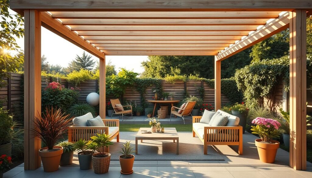 A modern pergola gazebo designed for a small garden space, showcasing clean lines and an elegant structure made of light-colored wood. In the foreground, a stylish seating area with trendy outdoor furniture, surrounded by vibrant potted plants, creates an inviting atmosphere. The middle ground features the pergola with a slatted roof allowing dappled sunlight to filter through, enhancing the relaxing mood. In the background, a lush garden with various greenery and colorful flowers adds depth and vibrancy to the scene. The image is captured in bright natural light during the golden hour, creating a warm, soft glow that accentuates the wood texture and foliage details, evoking a serene and charming outdoor environment.