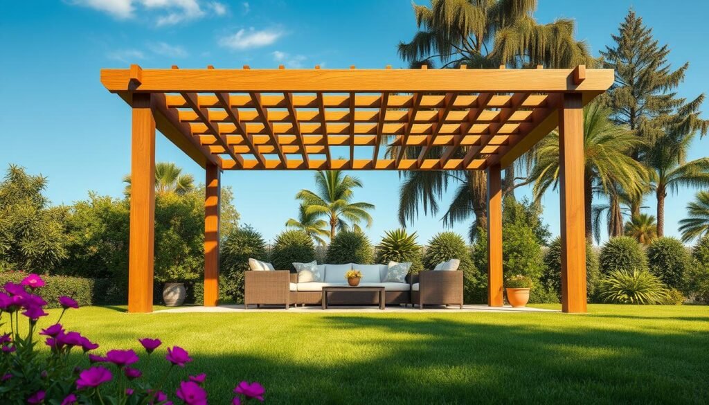 A modern pergola gazebo nestled in a tranquil backyard, showcasing a sleek, minimalist wooden structure with open slats allowing sunlight to filter through. The foreground features a well-manicured lawn with vibrant flowers and lush greenery. In the middle, the gazebo is adorned with comfortable outdoor furniture, a small coffee table, and stylish cushions, inviting relaxation. The background features tall trees swaying gently in the breeze under a clear blue sky. The lighting emphasizes a soft, warm glow, capturing the essence of a sunny afternoon. The scene conveys a peaceful and inviting atmosphere, perfect for gatherings or quiet moments of reflection, with realistic textures and details that highlight quality craftsmanship. A modern pergola gazebo nestled in a tranquil backyard, showcasing a sleek, minimalist wooden structure with open slats allowing sunlight to filter through. The foreground features a well-manicured lawn with vibrant flowers and lush greenery. In the middle, the gazebo is adorned with comfortable outdoor furniture, a small coffee table, and stylish cushions, inviting relaxation. The background features tall trees swaying gently in the breeze under a clear blue sky. The lighting emphasizes a soft, warm glow, capturing the essence of a sunny afternoon. The scene conveys a peaceful and inviting atmosphere, perfect for gatherings or quiet moments of reflection, with realistic textures and details that highlight quality craftsmanship.