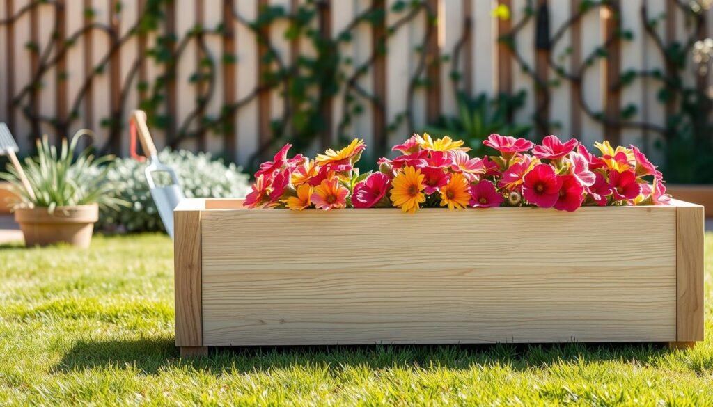 A modern wooden planter box, designed with clean lines and a minimalist aesthetic, sits prominently in the foreground. The box, crafted from smooth, light-colored wood, is filled with vibrant flowers in full bloom, showcasing a mix of colorful petals. Soft sunlight filters through the scene, casting gentle shadows and highlighting the natural grain of the wood. In the middle ground, a well-maintained backyard can be seen, with lush green grass and a few elegant garden tools casually placed nearby. The background reveals a serene, blurred garden fence adorned with climbing plants, adding depth without distracting from the planter box. The overall mood is fresh, inviting, and harmonious, capturing the essence of modern home decor and the beauty of nature in a simple, airy setting.