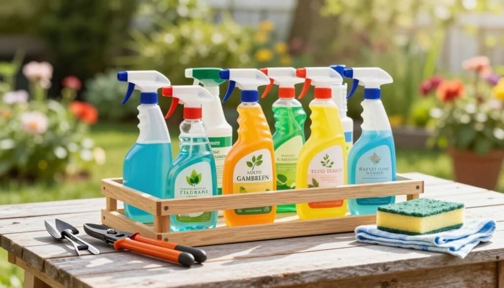 A neatly arranged DIY garden tool cleaning station featuring a variety of cleaning solutions in bright, colorful spray bottles, prominently displayed on a weathered wooden table. In the foreground, shiny garden tools like pruners and trowels rest alongside a sponge and cloth, indicating readiness for cleaning. The middle ground showcases a selection of natural and eco-friendly cleaning products, emphasizing their vibrant labels. The background is softly blurred, revealing a sunny garden scene with green foliage and blooming flowers, bathing the composition in bright natural light. The overall mood is inviting and fresh, highlighting the importance of maintaining garden tools in a well-kept, airy outdoor space. Use soft sunlight to create gentle shadows, and capture the image at a slight angle for dynamic depth.