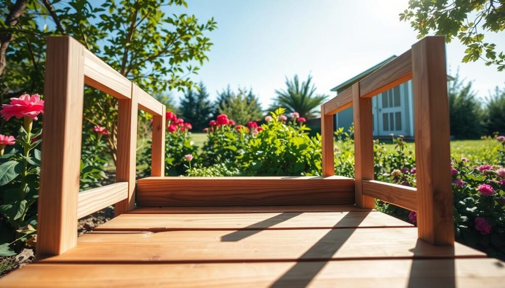 A neatly constructed DIY garden step platform, showcasing essential safety features such as non-slip surfaces and sturdy handrails. In the foreground, emphasize the textured wood of the platform, highlighting its secure footing. The middle ground features a lush, green garden with vibrant flowers, soft sunlight filtering through the leaves, creating an inviting atmosphere. In the background, a clear blue sky enhances the cheerful mood, while a well-maintained garden shed peeks through the foliage. Use natural lighting to illuminate the scene, capturing the warmth of an afternoon. The viewpoint should be slightly elevated, offering a comprehensive view of the step platform's design and safety attributes, inviting viewers to envision a safe gardening experience.