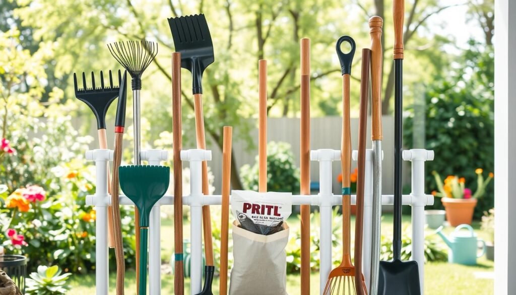 A neatly organized PVC pipe tool holder set against a bright, airy garden backdrop. The holder features multiple vertical segments made from white PVC pipes, holding long-handled tools like rakes, shovels, and a broom. The foreground showcases the tool holder filled with various gardening tools, emphasizing their length and functionality. In the middle, include small potting soil bags and a watering can for added context. The background reveals a lush, green backyard with flowering plants, sunlight filtering through trees, casting soft, dappled light across the scene. Use a wide-angle lens to capture the entire setup, ensuring a clean, professional atmosphere that reflects practicality and creativity in garden organization.