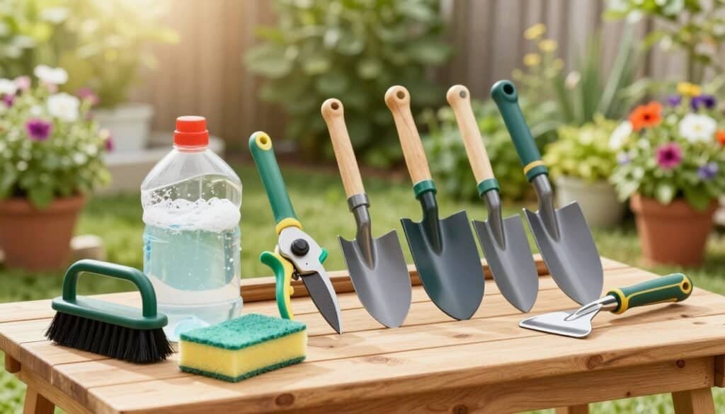 A neatly organized garden tool cleaning station set in a bright, airy backyard. In the foreground, various garden cleaning supplies are displayed, including a brush, soapy water, sponge, and metal scrapers, resting on a wooden table. The middle ground features a collection of tools like pruning shears, trowels, and spades, all cleaned and lined up, each with a gleaming surface. In the background, lush green plants and colorful flowers provide a vibrant backdrop. Soft, natural sunlight filters through the leaves, creating a warm atmosphere. The camera angle is slightly elevated, providing a comprehensive view of the cleaning supplies and tools while emphasizing their usability in DIY maintenance.