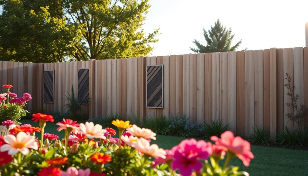 A picturesque backyard scene features a row of plain wooden garden fences, subtly accented with stylish modern decorative panels in various geometric designs. In the foreground, vibrant flowers in colorful blooms and lush green plants create an inviting atmosphere. Moving to the middle ground, the plain fences showcase the contemporary accent panels, highlighting their clean lines and unique textures. The background features a sunny sky with soft, golden sunlight filtering through, casting gentle shadows on the ground. This serene and airy setting embodies a calming, yet engaging mood, perfect for capturing the idea of enhancing simple fences with decorative accents. The perspective is slightly elevated, showcasing the panels and garden elements appealingly, while the overall composition radiates warmth and creativity, inspiring DIY enthusiasts.
