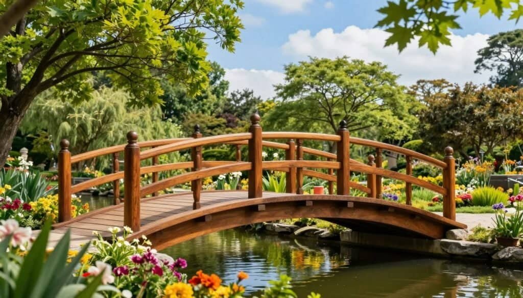 A picturesque classic wooden bridge spans a tranquil garden pond, crafted from rich, warm-toned timber. The bridge features elegant arches and ornate handrails, blending seamlessly with the surrounding lush greenery. In the foreground, vibrant flowers bloom in an array of colors, enhancing the serene atmosphere. The middle ground showcases the sturdy yet graceful structure of the bridge, illuminated by soft, natural sunlight filtering through the leaves of nearby trees. In the background, a clear blue sky meets gentle wisps of clouds, creating a peaceful backdrop. The scene captures a sense of timeless beauty and harmony with nature, ideal for enhancing any garden landscape. The overall mood is tranquil and inviting, urging viewers to imagine a charming stroll across the bridge.