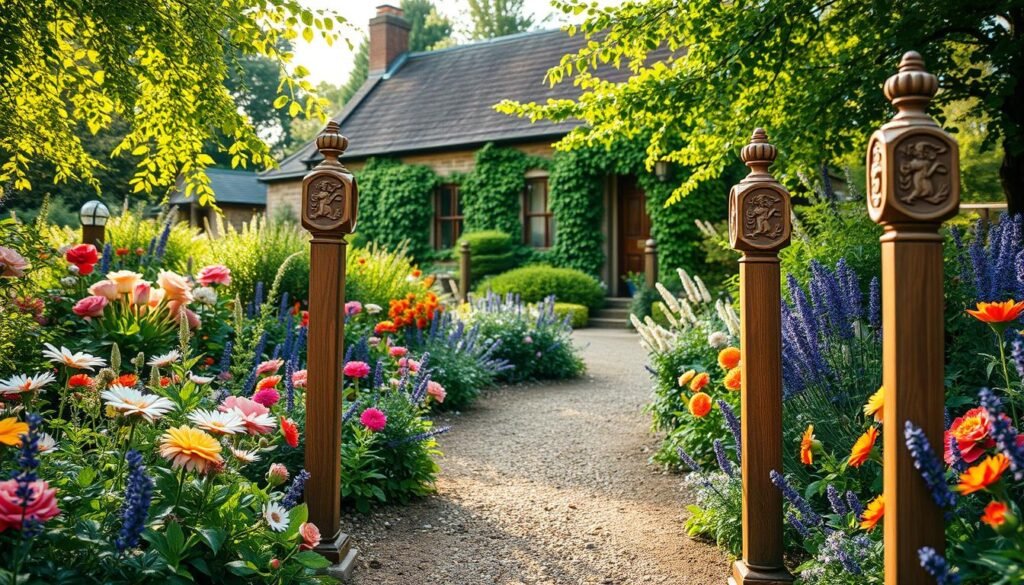 A picturesque cottage garden path, winding through a vibrant display of colorful flowers and lush greenery. In the foreground, beautifully crafted wooden post markers stand tall, embellished with delicate carvings that reflect a rustic charm. The middle section features a well-trodden gravel path, flanked by blooming roses, daisies, and lavender, inviting exploration. In the background, an idyllic cottage with ivy-covered walls peeks through the foliage, bathed in soft, warm sunlight filtering through the leaves. The scene exudes a tranquil and inviting atmosphere, perfect for a serene garden stroll. Captured with a wide-angle lens to emphasize depth, the overall lighting is bright and natural, enhancing the vivid colors and textures of the garden.