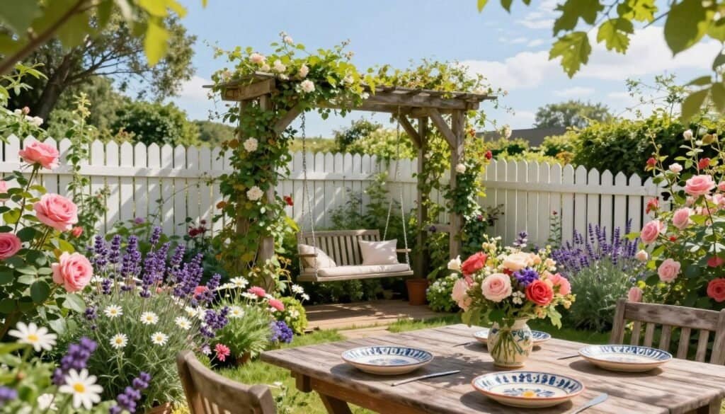 A picturesque cottage garden patio, adorned with vibrant flowers such as roses, lavender, and daisies in full bloom. The foreground features a rustic wooden table set for two, complete with charming ceramic dishes and a fragrant bouquet. In the middle, a cozy swing chair hangs from a wooden trellis entwined with climbing vines, inviting relaxation. The background showcases a quaint white wooden fence and lush greenery, under a clear blue sky with soft, dappled sunlight filtering through the leaves. This serene scene captures the essence of a romantic retreat, emphasizing a tranquil, inviting atmosphere perfect for unwinding. The composition is framed with a slight upward angle, enhancing the feeling of openness and connection to nature.