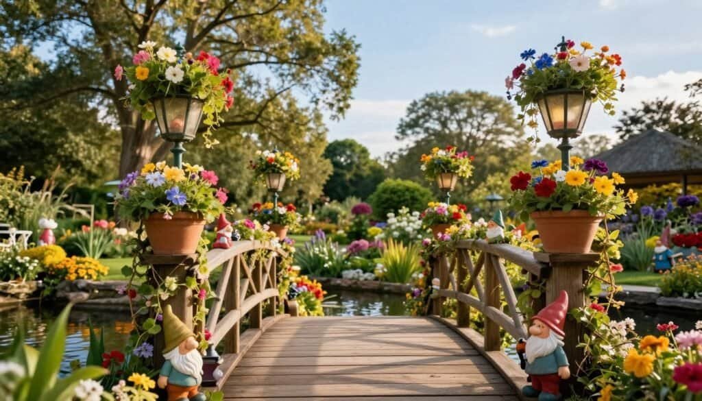 A picturesque garden bridge adorned with vibrant decorative accessories, such as hanging lanterns, lush flower pots, and whimsical garden gnomes. In the foreground, the wooden bridge features elegant railings entwined with flowering vines. The middle ground captures the bridge spanning a serene pond, surrounded by a variety of colorful blooms and greenery. The background features a soft-focus view of tall trees and a clear blue sky, allowing warm sunlight to bathe the scene in a cheerful, inviting glow. The composition emphasizes a tranquil and enchanting atmosphere, perfect for a backyard oasis. Use a wide-angle lens for a dynamic perspective, highlighting the playful details and accessories that enhance the bridge's charm.