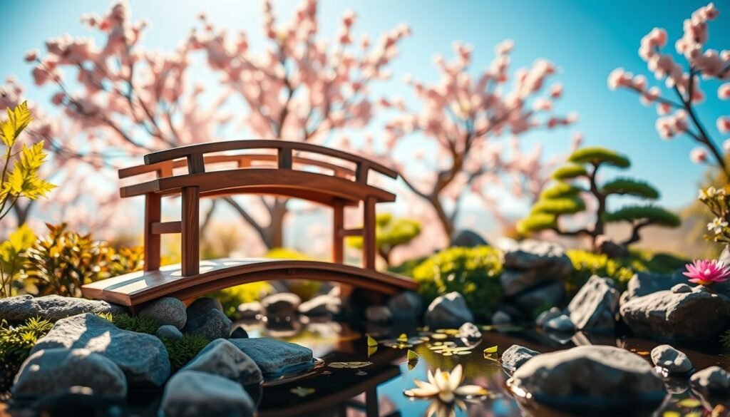 A picturesque miniature Japanese inspired garden featuring a beautifully crafted wooden garden bridge as the focal point. In the foreground, the bridge elegantly arches over a small, tranquil pond adorned with smooth stones and delicate water lilies. The middle ground showcases carefully arranged rocks, miniature bonsai trees, and lush greenery, creating a serene landscape. In the background, a soft blur of cherry blossom trees provides a gentle splash of pink against the bright blue sky, illuminated by soft, warm sunlight filtering through the leaves. The atmosphere is peaceful and harmonious, evoking a sense of tranquility and meditation. The image should be captured with a slight tilt, emphasizing the bridge and pond, using natural lighting to enhance the vibrant colors and textures of the garden elements.